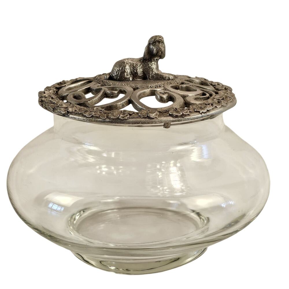 Vintage Arthur Court 1990 Glass Jar Canister Pewter Lid Dog Poodle Trinket Dish